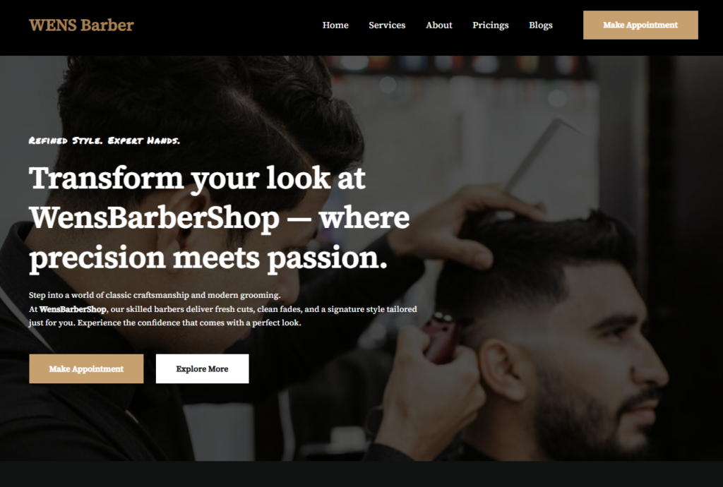 WENS Barber homepage hero with appointment booking