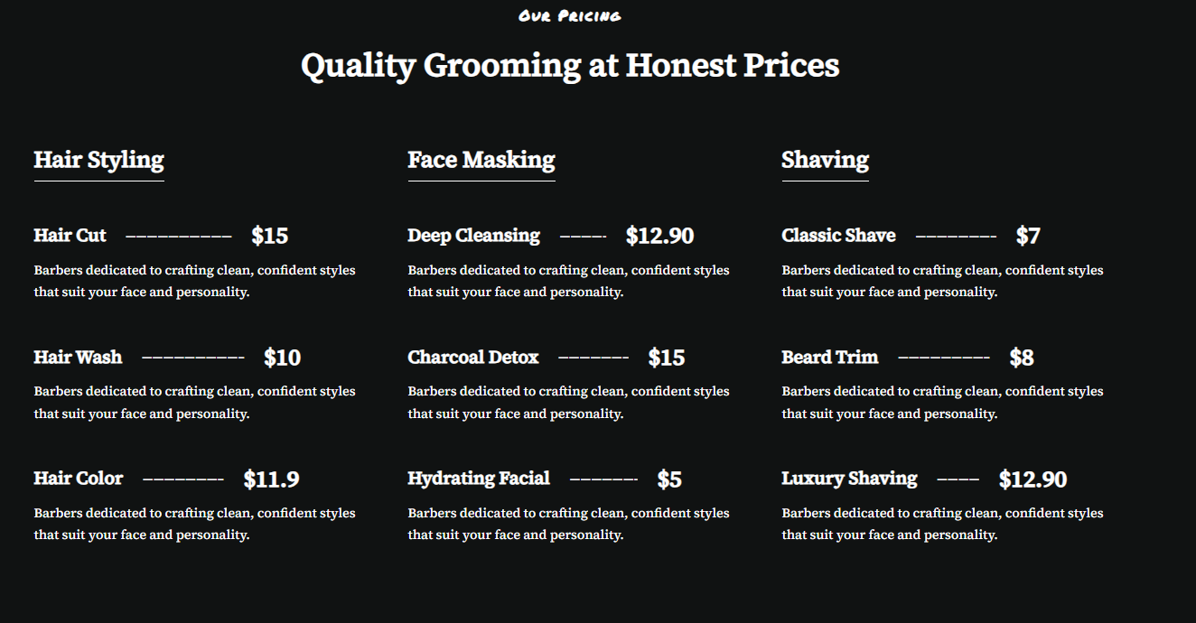 WENS Barber service price list
