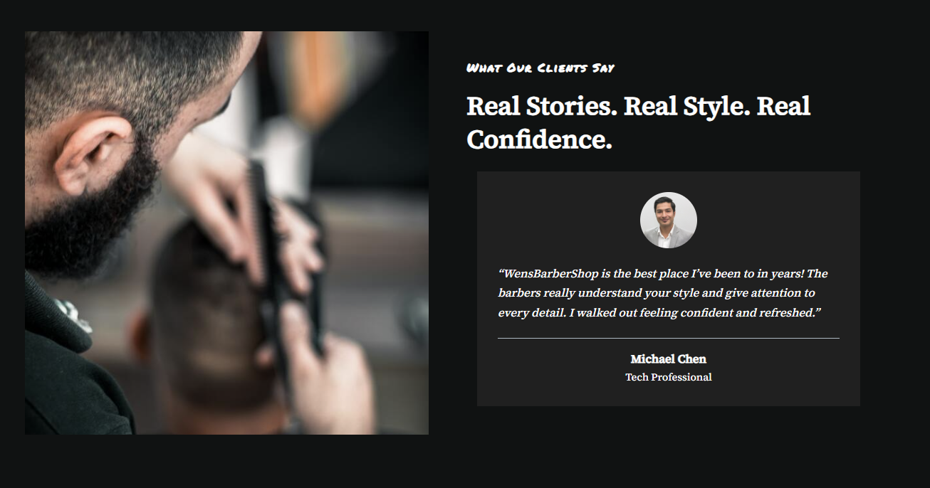 WENS Barber client testimonial section