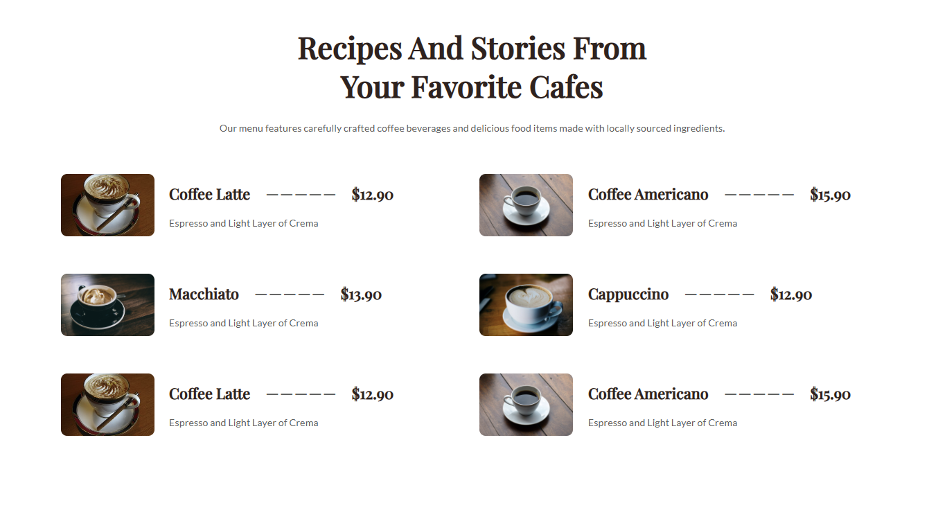 WENS Coffee drinks menu with prices