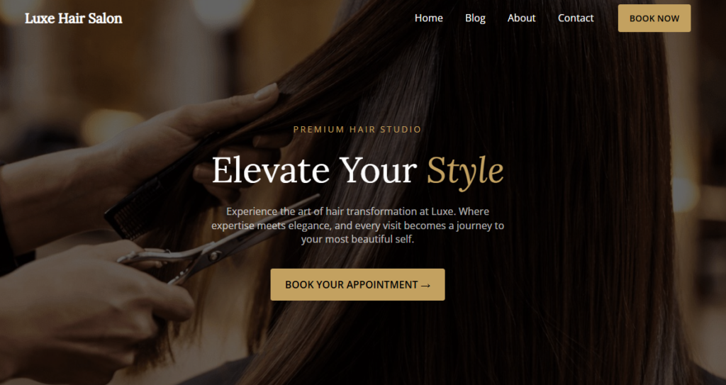Luxe Hair Salon homepage hero with booking call to action