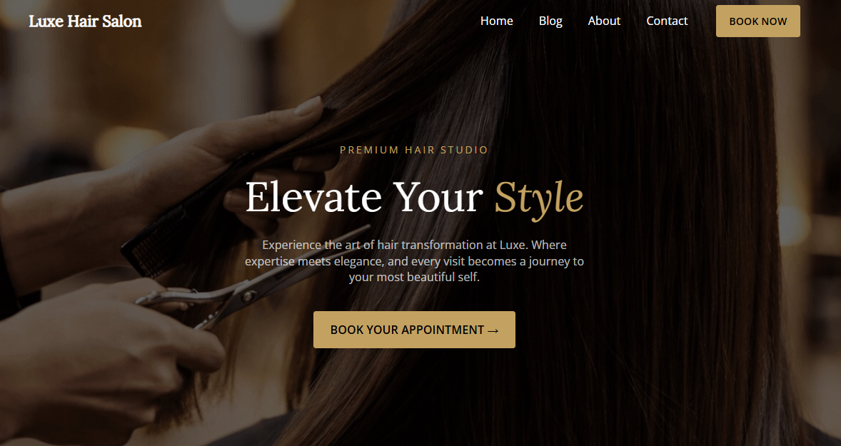 Luxe Hair Salon homepage hero with booking call to action